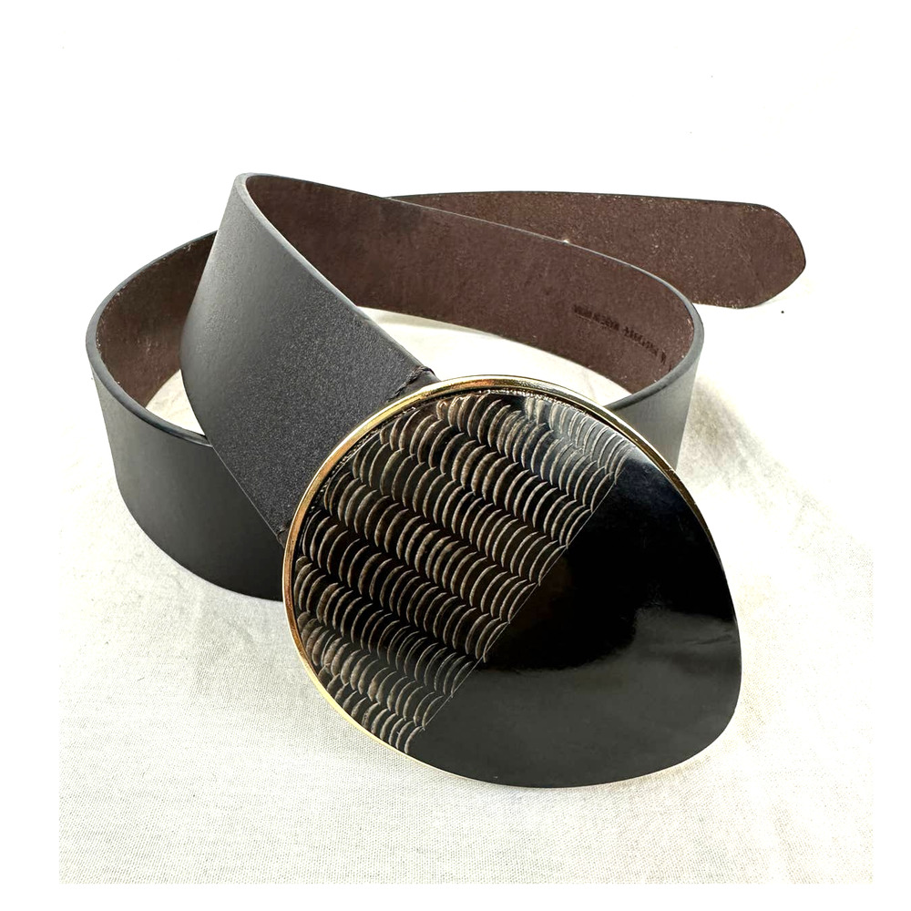 Chico's Espresso Dark Brown Leather Belt Size Medium Gold Trim